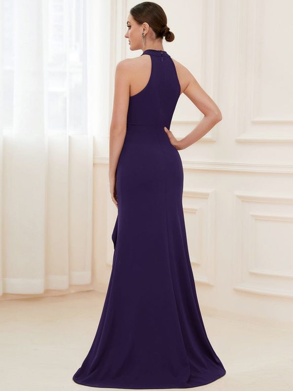 Ruffled Front Slit Cinched Waist Halter Sleeveless Evening Dress - Dark Purple