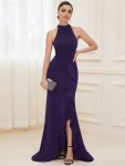 Ruffled Front Slit Cinched Waist Halter Sleeveless Evening Dress – Dark Purple