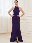 Ruffled Front Slit Cinched Waist Halter Sleeveless Evening Dress - Dark Purple