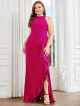 Ruffled Front Slit Cinched Waist Halter Sleeveless Evening Dress – Hot Pink