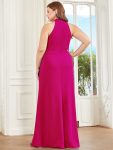 Ruffled Front Slit Cinched Waist Halter Sleeveless Evening Dress – Hot Pink