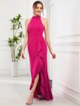 Ruffled Front Slit Cinched Waist Halter Sleeveless Evening Dress – Hot Pink