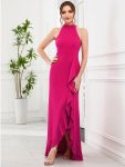 Ruffled Front Slit Cinched Waist Halter Sleeveless Evening Dress – Hot Pink