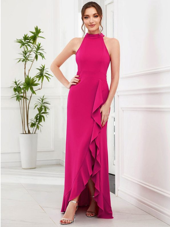 Ruffled Front Slit Cinched Waist Halter Sleeveless Evening Dress - Hot Pink