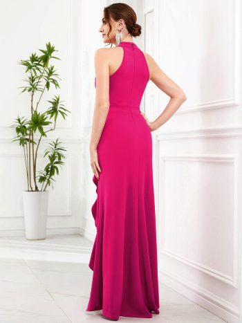 Ruffled Front Slit Cinched Waist Halter Sleeveless Evening Dress - Hot Pink