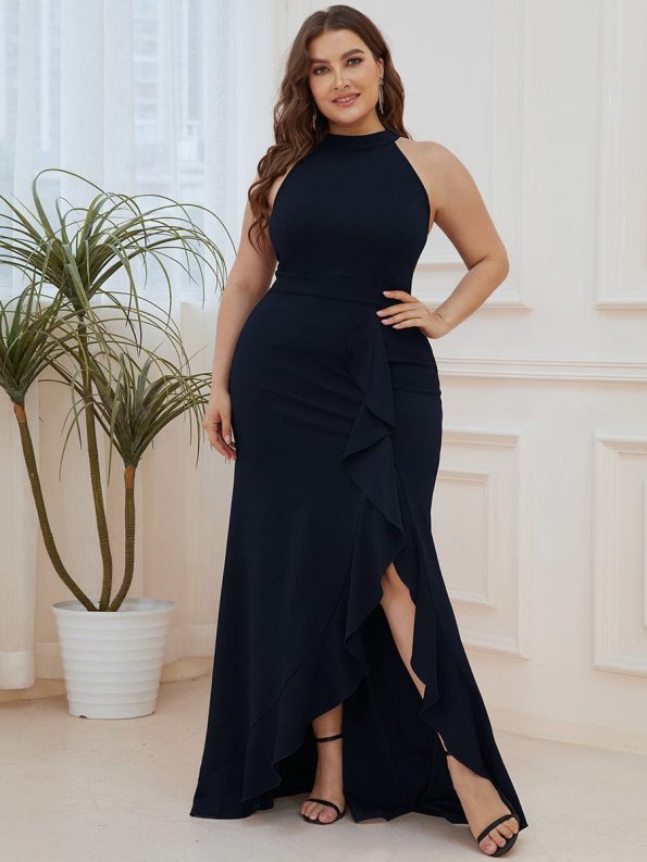 Ruffled Front Slit Cinched Waist Halter Sleeveless Evening Dress - Navy Blue