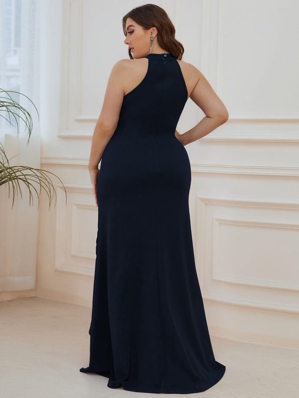 Ruffled Front Slit Cinched Waist Halter Sleeveless Evening Dress - Navy Blue