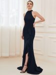 Ruffled Front Slit Cinched Waist Halter Sleeveless Evening Dress – Navy Blue