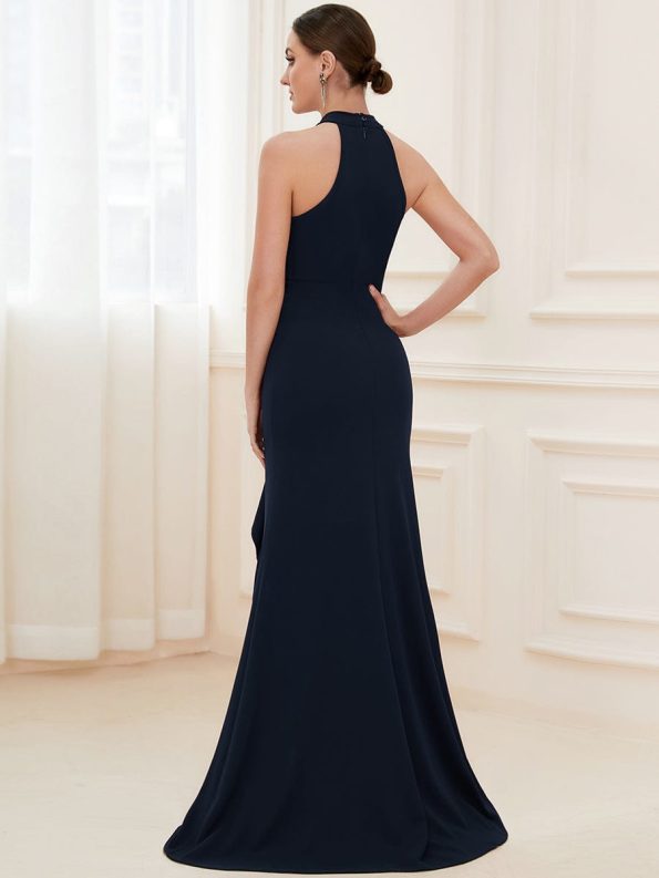 Ruffled Front Slit Cinched Waist Halter Sleeveless Evening Dress - Navy Blue