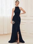 Ruffled Front Slit Cinched Waist Halter Sleeveless Evening Dress – Navy Blue