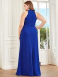 Ruffled Front Slit Cinched Waist Halter Sleeveless Evening Dress – Sapphire Blue