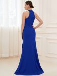 Ruffled Front Slit Cinched Waist Halter Sleeveless Evening Dress – Sapphire Blue