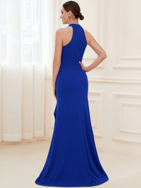 Ruffled Front Slit Cinched Waist Halter Sleeveless Evening Dress - Sapphire Blue