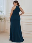 Ruffled Front Slit Cinched Waist Halter Sleeveless Evening Dress – Teal