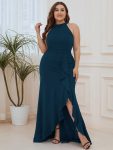 Ruffled Front Slit Cinched Waist Halter Sleeveless Evening Dress – Teal