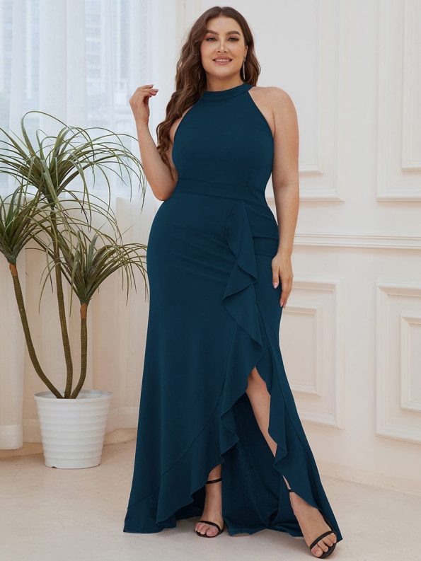 Ruffled Front Slit Cinched Waist Halter Sleeveless Evening Dress - Teal