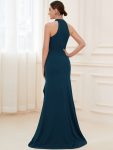 Ruffled Front Slit Cinched Waist Halter Sleeveless Evening Dress – Teal