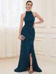 Ruffled Front Slit Cinched Waist Halter Sleeveless Evening Dress – Teal