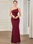 Sleeveless Backless One Shoulder Stretchy Formal Dress with Rhinestone – Burgundy