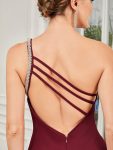 Sleeveless Backless One Shoulder Stretchy Formal Dress with Rhinestone – Burgundy