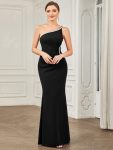 Sleeveless Backless One Shoulder Stretchy Formal Dress with Rhinestone – Black