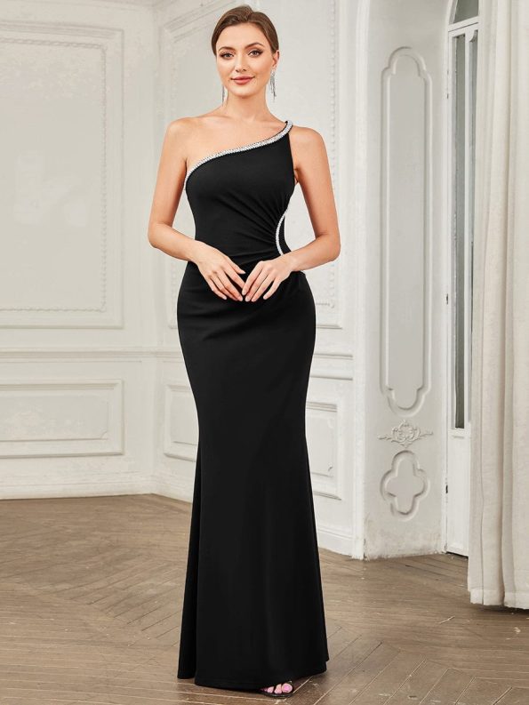 Sleeveless Backless One Shoulder Stretchy Formal Dress with Rhinestone - Black