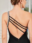 Sleeveless Backless One Shoulder Stretchy Formal Dress with Rhinestone – Black