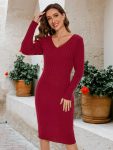 Ribbed Long Sleeve V-Neck Bodycon Knit Sweater Dress - Burgundy