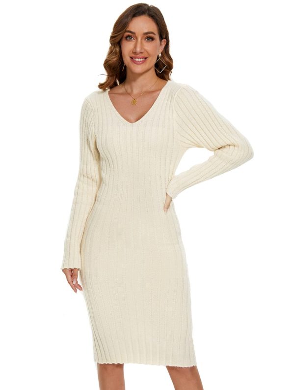 Ribbed Long Sleeve V-Neck Bodycon Knit Sweater Dress - Beige