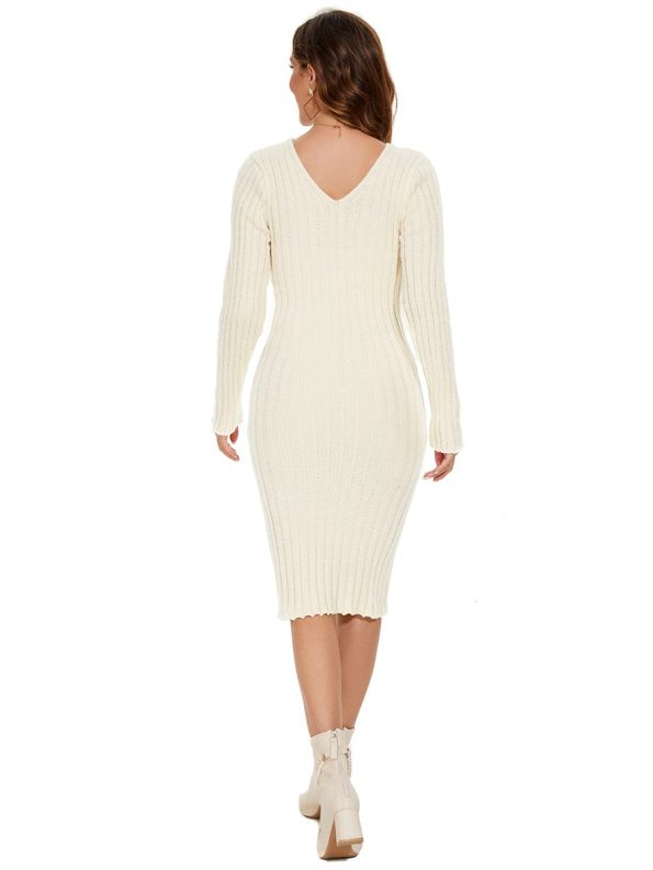 Ribbed Long Sleeve V-Neck Bodycon Knit Sweater Dress - Beige