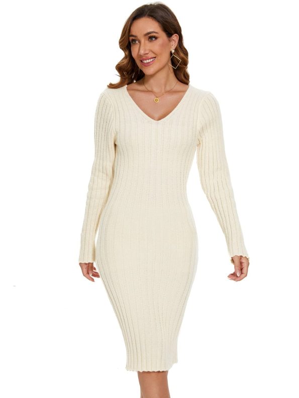 Ribbed Long Sleeve V-Neck Bodycon Knit Sweater Dress - Beige