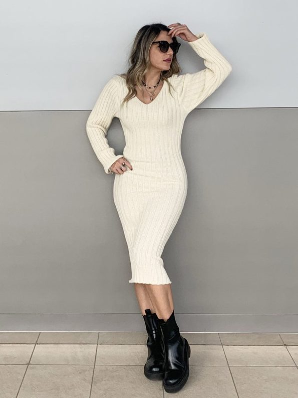 Ribbed Long Sleeve V-Neck Bodycon Knit Sweater Dress - Beige