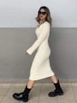 Ribbed Long Sleeve V-Neck Bodycon Knit Sweater Dress – Beige