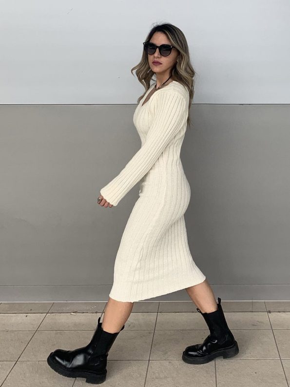 Ribbed Long Sleeve V-Neck Bodycon Knit Sweater Dress - Beige