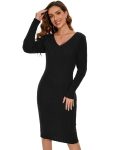 Ribbed Long Sleeve V-Neck Bodycon Knit Sweater Dress – Black