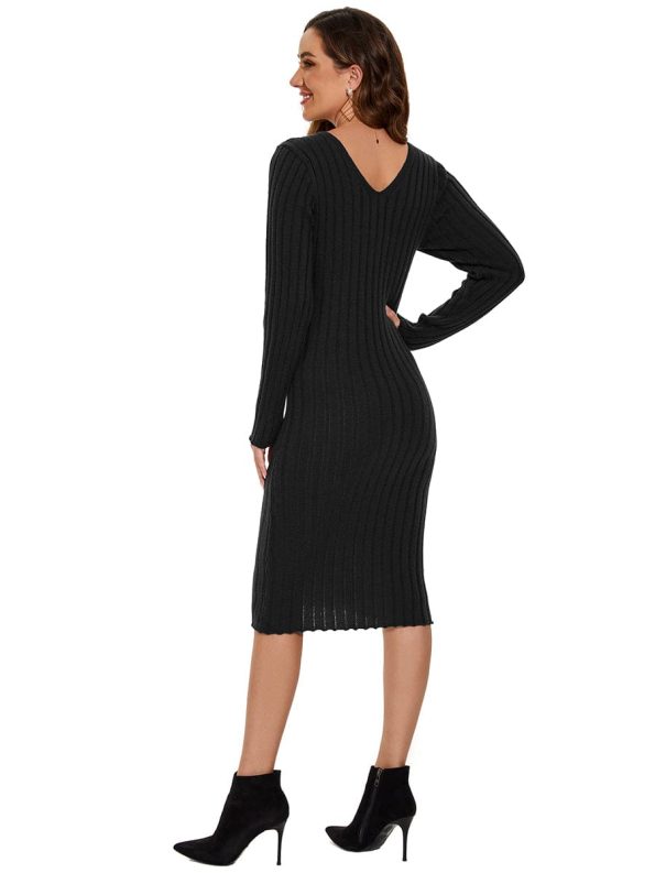 Ribbed Long Sleeve V-Neck Bodycon Knit Sweater Dress - Black