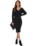 Ribbed Long Sleeve V-Neck Bodycon Knit Sweater Dress – Black