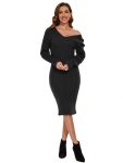 Ribbed Long Sleeve V-Neck Bodycon Knit Sweater Dress – Black