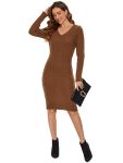 Ribbed Long Sleeve V-Neck Bodycon Knit Sweater Dress – Brown