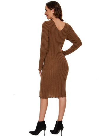 Ribbed Long Sleeve V-Neck Bodycon Knit Sweater Dress - Brown