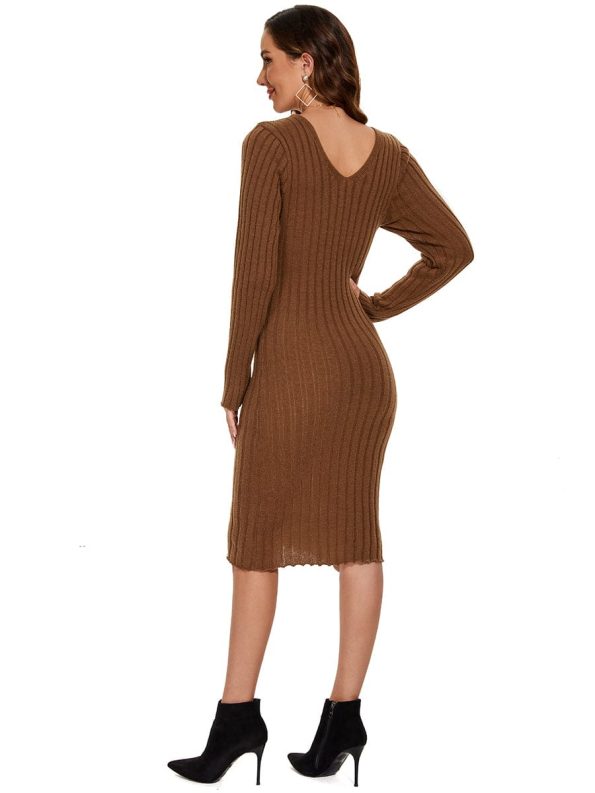 Ribbed Long Sleeve V-Neck Bodycon Knit Sweater Dress - Brown