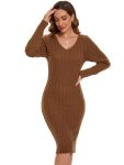 Ribbed Long Sleeve V-Neck Bodycon Knit Sweater Dress – Brown