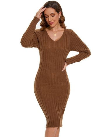 Ribbed Long Sleeve V-Neck Bodycon Knit Sweater Dress - Brown