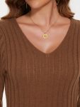 Ribbed Long Sleeve V-Neck Bodycon Knit Sweater Dress – Brown