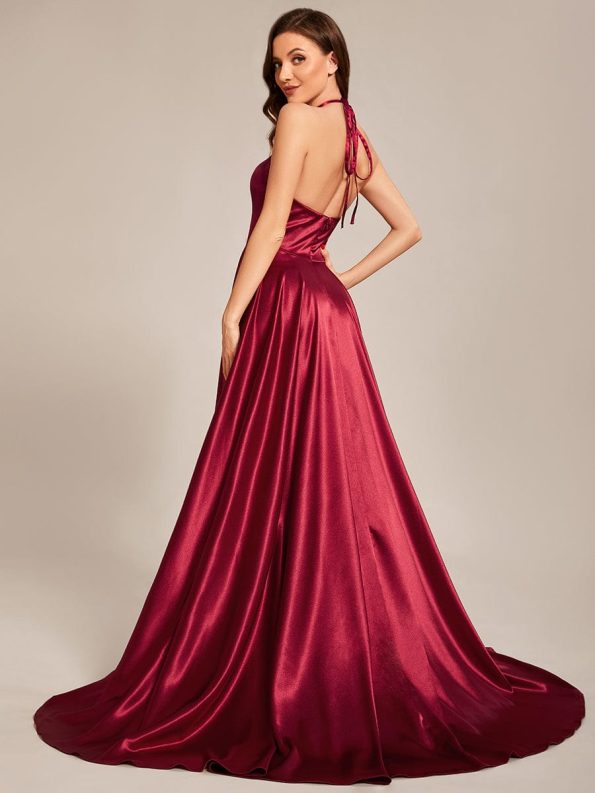 Custom Size Halter Neck High Front Slit Floor Length Prom Dress - Burgundy