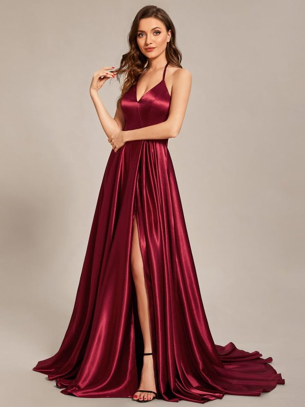 Custom Size Halter Neck High Front Slit Floor Length Prom Dress - Burgundy