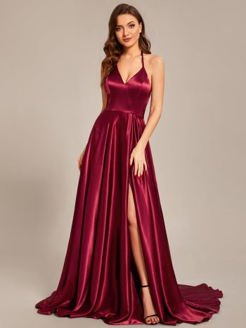 Custom Size Halter Neck High Front Slit Floor Length Prom Dress - Burgundy