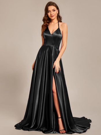 Custom Size Halter Neck High Front Slit Floor Length Prom Dress - Black