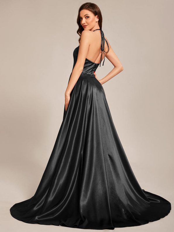 Custom Size Halter Neck High Front Slit Floor Length Prom Dress - Black