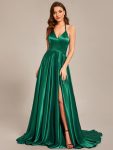 Custom Size Halter Neck High Front Slit Floor Length Prom Dress – Dark Green